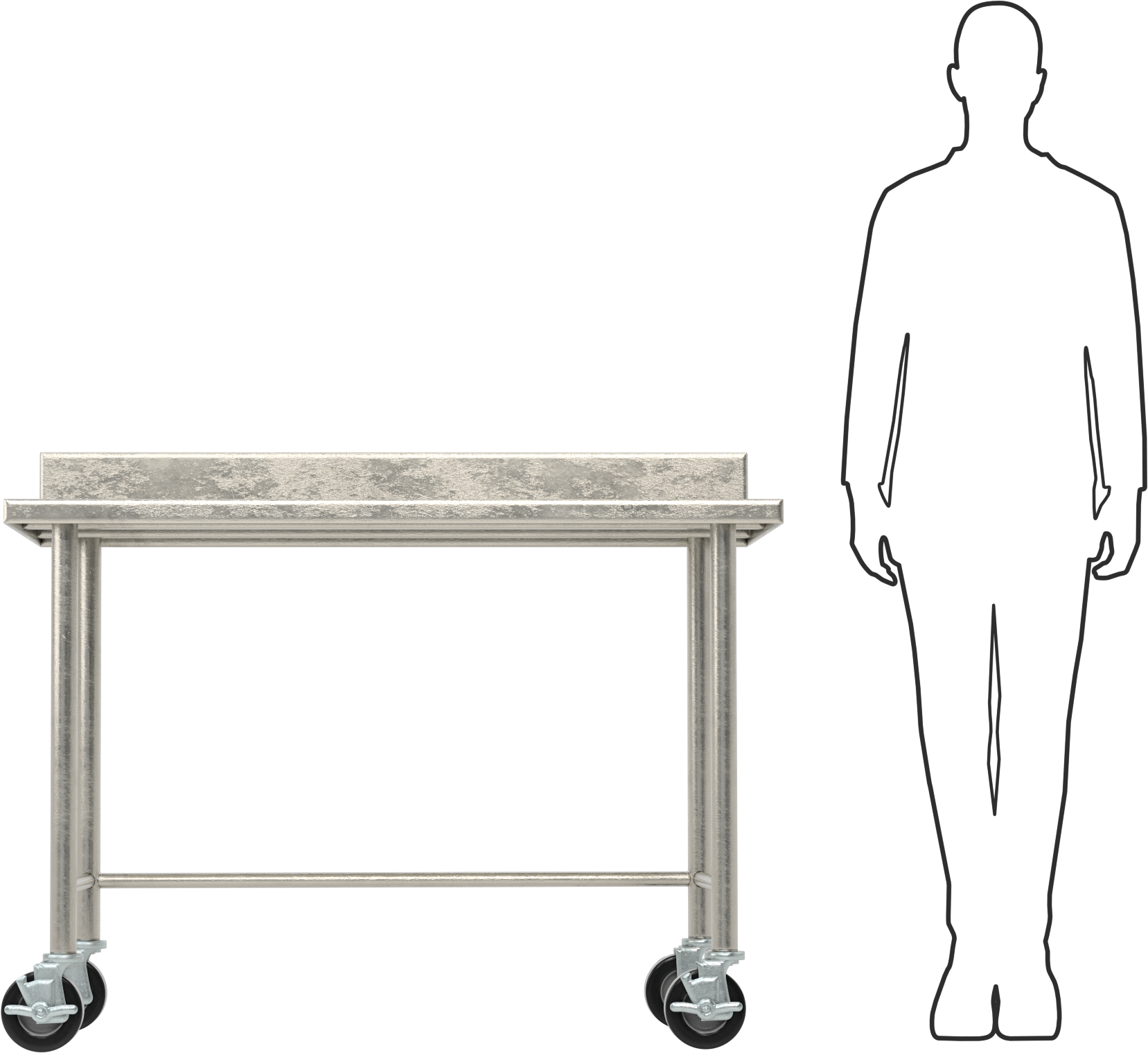 Paslanmaz Çelik Masa, Mobil, 34“ Yükseklik x 48” Genişlik x 30" Derinlik, 5" Yükseklikte Geri Dönüş Engeli ile