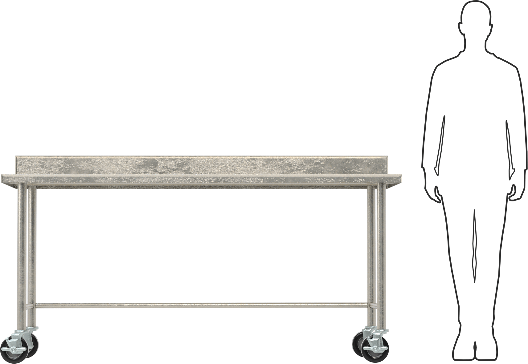 Paslanmaz Çelik Masa, Mobil, 34“ Yükseklik x 72” Genişlik x 30" Derinlik, 5" Yükseklikte Geri Dönüş Engeli ile