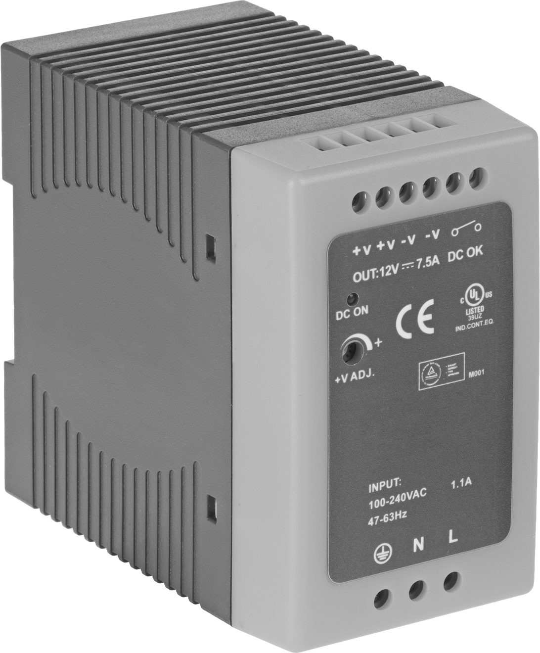 DIN Rayına Monte Güç Kaynağı, Tek Faz, Çıkış Sinyali, 12V DC, 7.5A