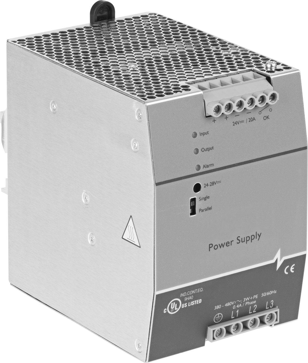Ağır Hizmet Tipi Motor Çalıştırma DIN Rayı Güç Kaynağı, Üç Fazlı, 380-480V AC Giriş, 24V DC, 20A