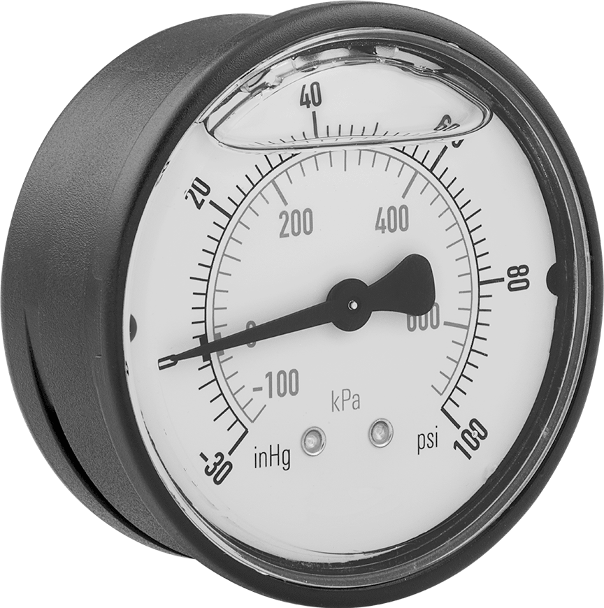 2-1/2" Kadranlı Titreşime Dayanıklı Gösterge, Basınç ve Vakum, 1/4 NPT Merkez Arka Bağlantı, 0-100 PSI