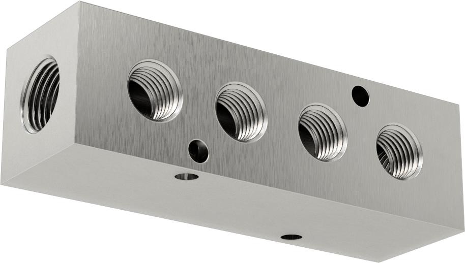 Dik Açılı Akış Dikdörtgen Manifold, Temizlenmiş ve Torbalı, 4 Çıkış, 3/8 NPT x 1/4 NPT