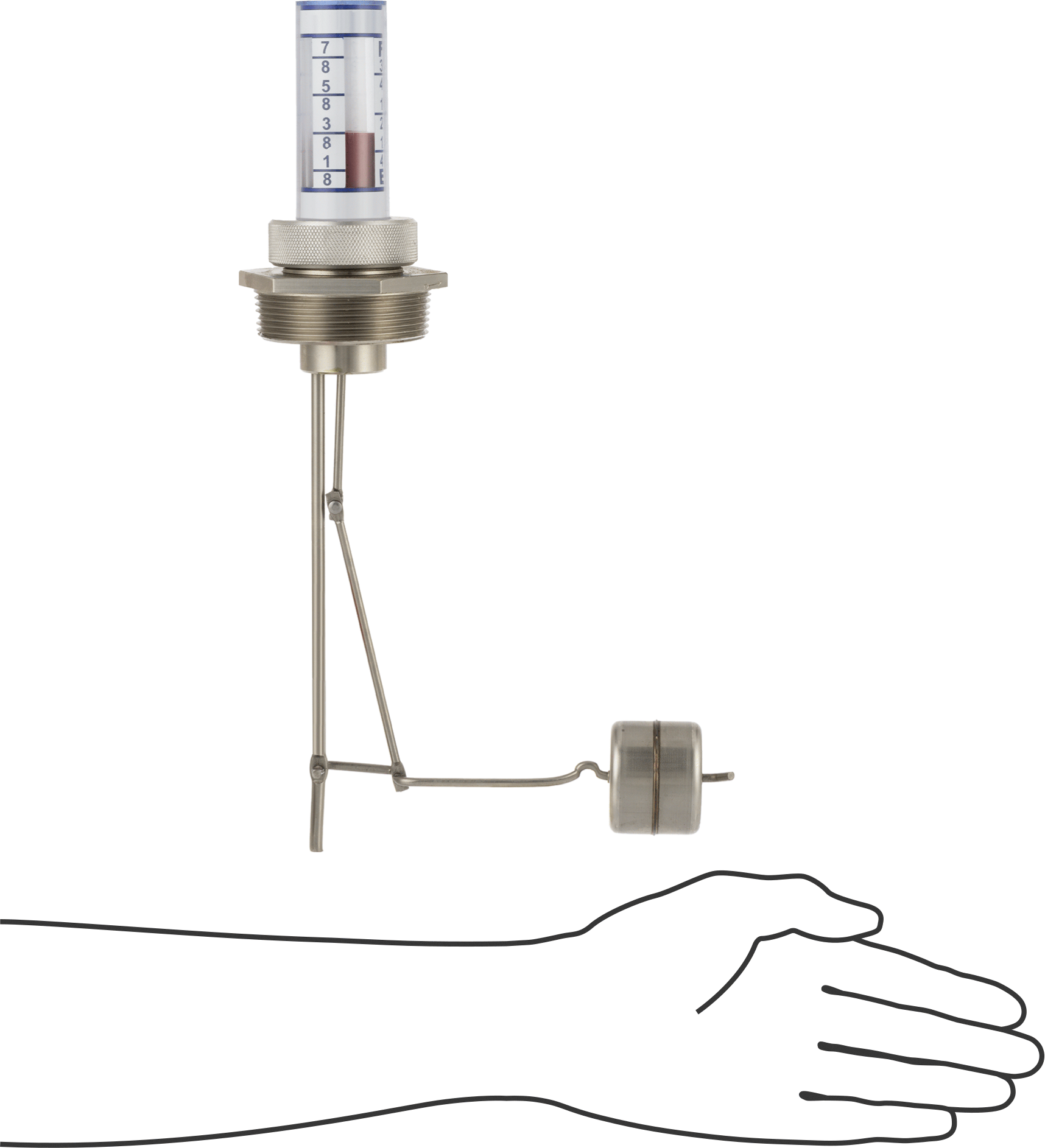 Kimyasal Dayanıklı Dikey Montajlı Sıvı Seviye Göstergesi, 12" Tank Derinliği için, 1-1/2 NPT Erkek