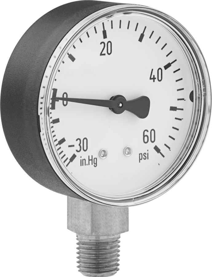 ABS Kılıflı Tek Ölçekli Basınç ve Vakum Göstergesi, 2-1/2" Kadran, 1/4 NPT Erkek Alt Bağlantı, 0 ila 60 PSI
