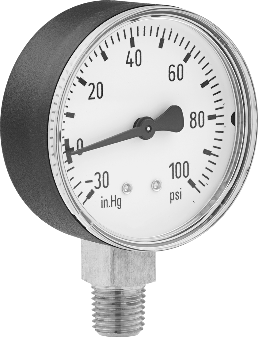 ABS Kılıflı Tek Ölçekli Basınç ve Vakum Göstergesi, 2-1/2" Kadran, 1/4 NPT Erkek Alt Bağlantı, 0 ila 100 PSI