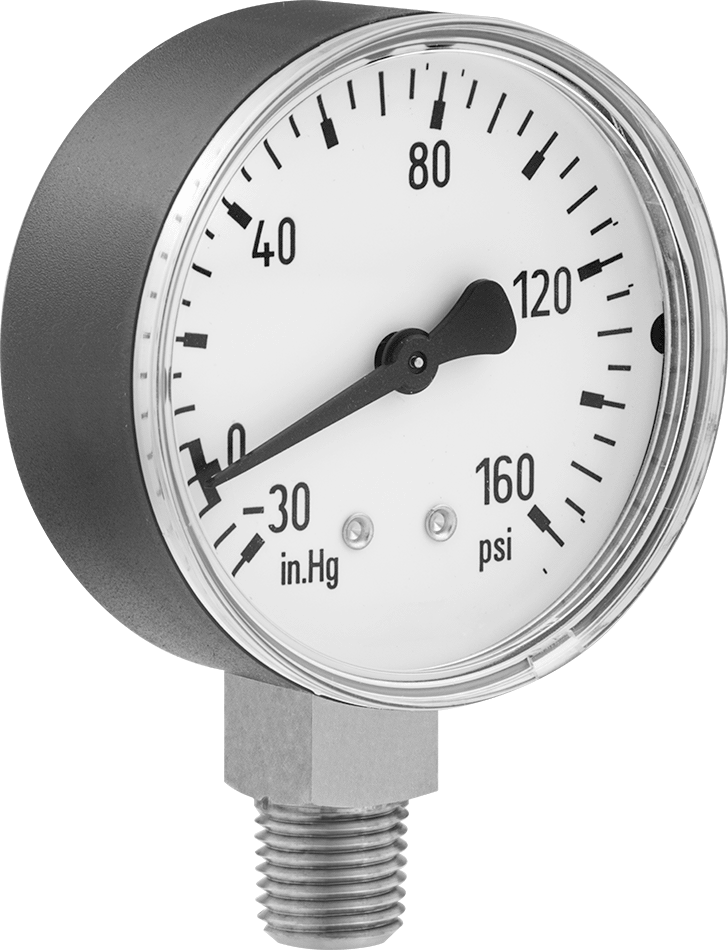 ABS Kılıflı Tek Ölçekli Basınç ve Vakum Göstergesi, 2-1/2" Kadran, 1/4 NPT Erkek Alt Bağlantı, 0 ila 160 PSI