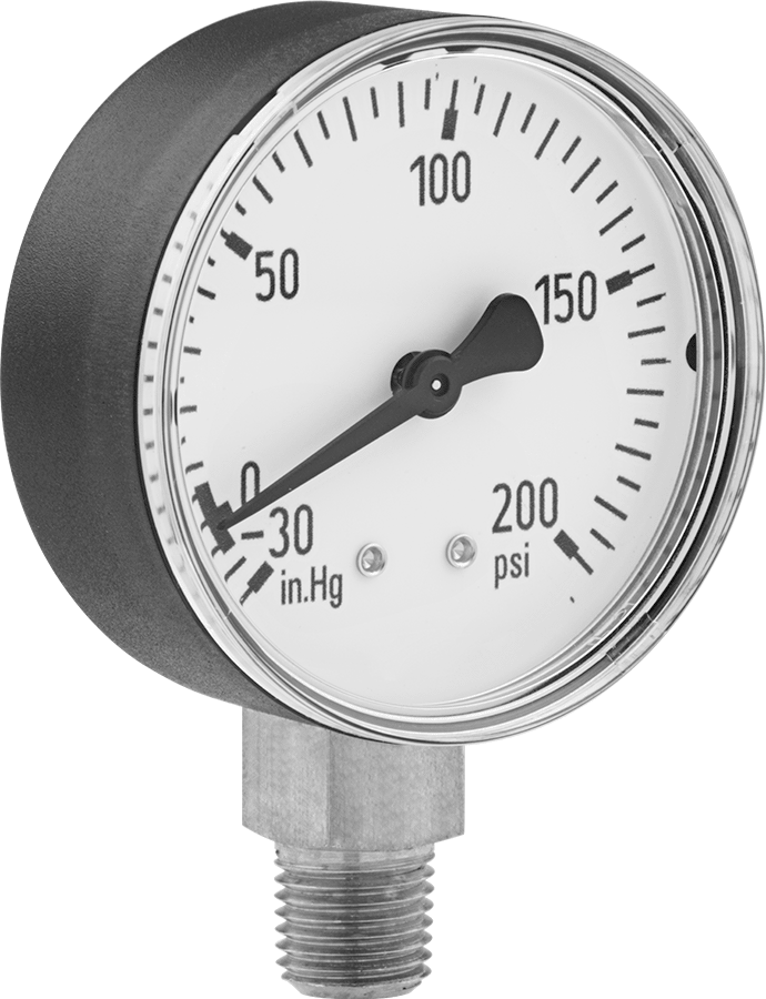 ABS Kılıflı Tek Ölçekli Basınç ve Vakum Göstergesi, 2-1/2" Kadran, 1/4 NPT Erkek Alt Bağlantı, 0 ila 200 PSI