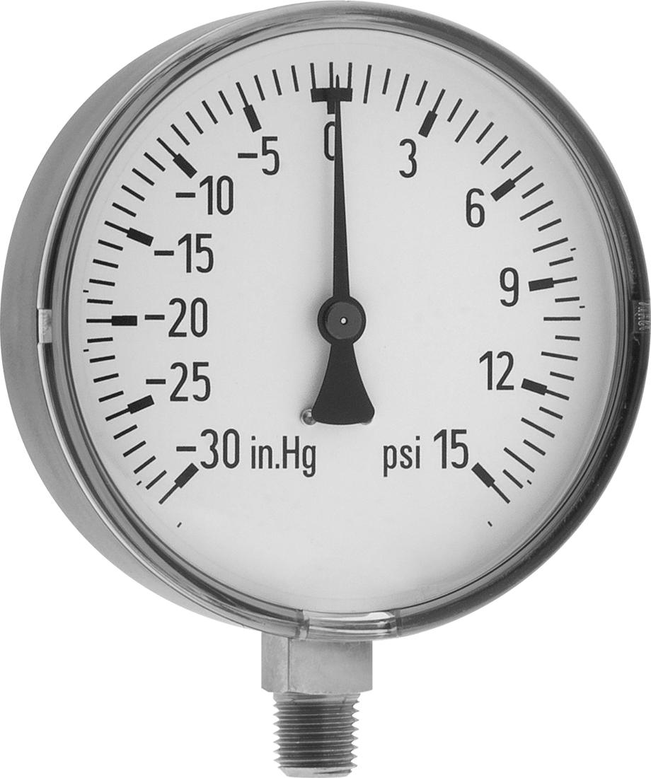 ABS Kılıflı Tek Ölçekli Basınç ve Vakum Göstergesi, 4" Kadran, 1/4 NPT Erkek Alt Bağlantı, 0 ila 15 PSI