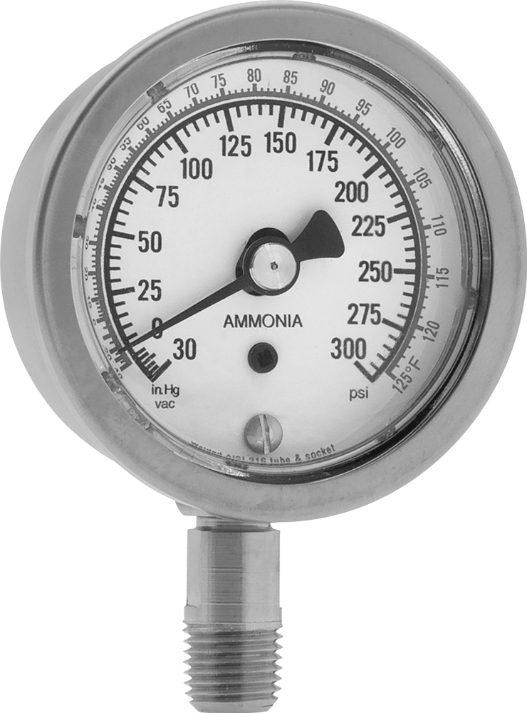 Soğutma Basıncı ve Vakum Göstergesi, 2-1/2" Kadran, 1/4 NPT Erkek Alt Bağlantı, 0 ila 300 PSI
