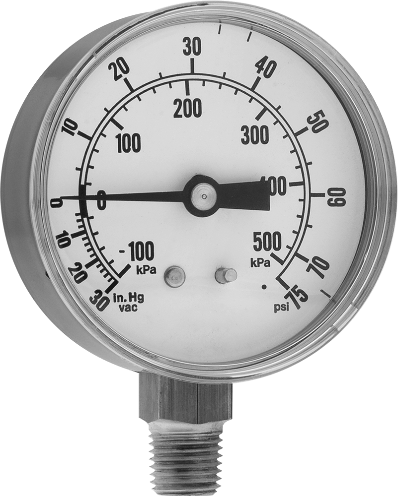 Çelik Kasalı Çift Ölçekli Basınç ve Vakum Göstergesi, 4-1/2" Kadran Çapı, 1/4 NPT Alt Bağlantı, 0 ila 75 PSI
