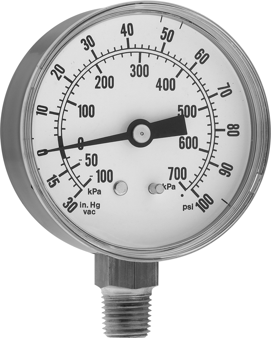 Çelik Kasalı Çift Ölçekli Basınç ve Vakum Göstergesi, 4-1/2" Kadran Çapı, 1/4 NPT Alt Bağlantı, 0 ila 100 PSI