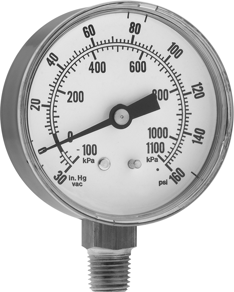 Çelik Kasalı Çift Ölçekli Basınç ve Vakum Göstergesi, 3-1/2" Kadran Çapı, 1/4 NPT Alt Bağlantı, 0 ila 160 PSI