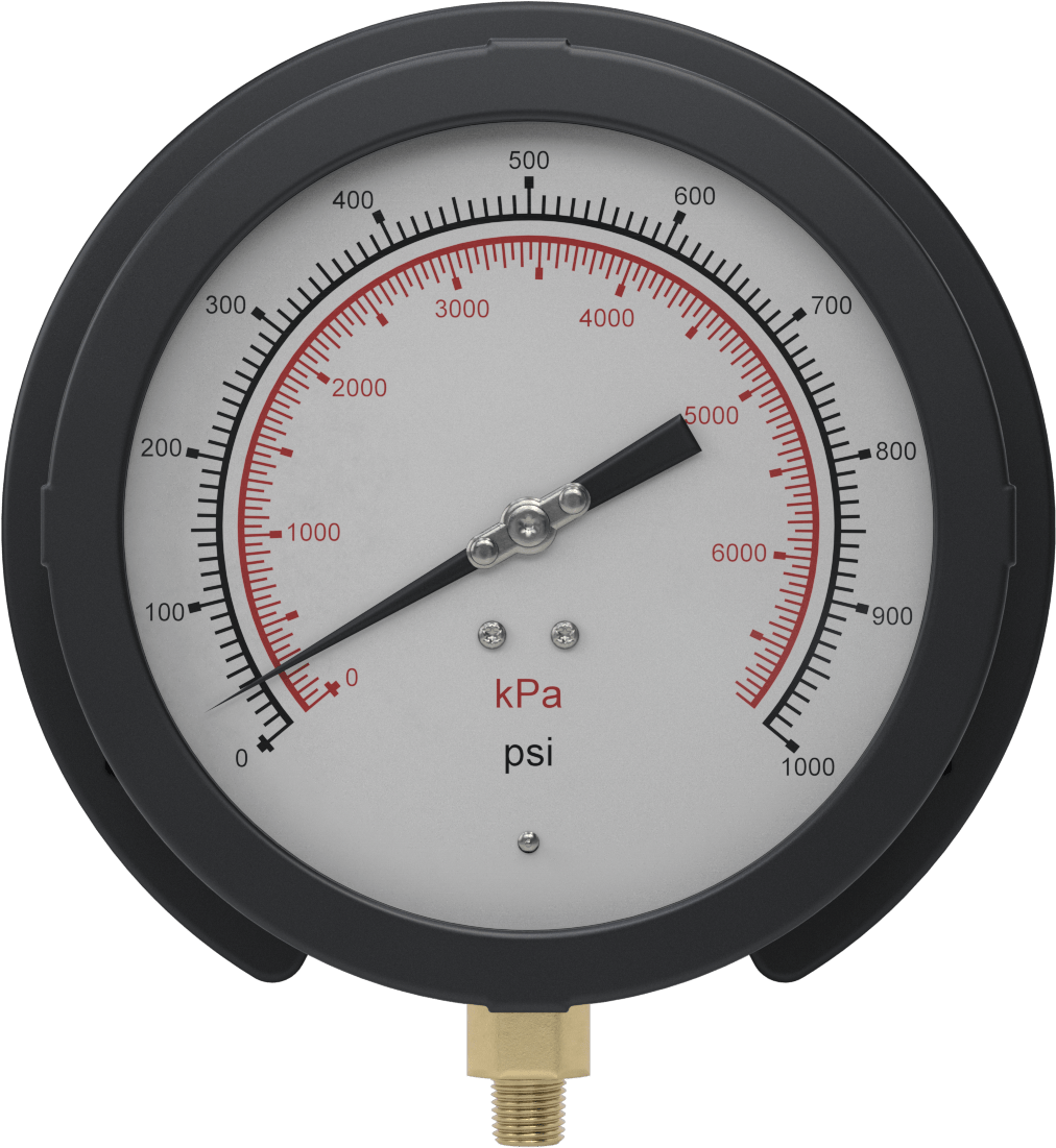 Basınç Test Göstergesi, 1/4 NPT Pirinç Alt Bağlantı, 6" Kadran, 0-1000 PSI