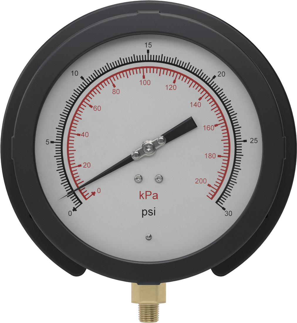 Basınç Test Göstergesi, 1/4 NPT Pirinç Alt Bağlantı, Sertifikalı, 6" Kadran, 0 ila 30 PSI