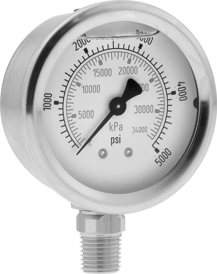 304 Paslanmaz Çelik Gövdeli Titreşime Dayanıklı Basınç Göstergesi, 1/4 NPT Erkek Alt Bağlantı, 2-1/2" Kadran