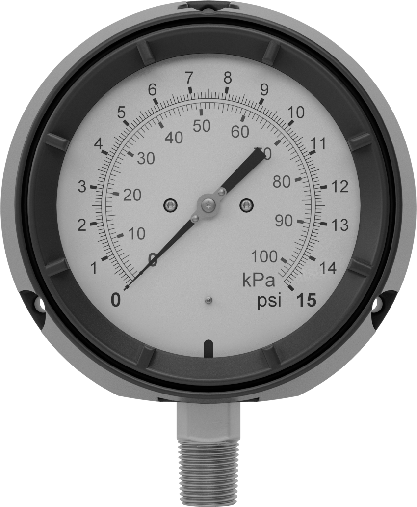 Basınç Test Göstergesi, Titreşime Dayanıklı, Sertifikalı, Çift Ölçek, 1/2 NPT, 0-15 PSI