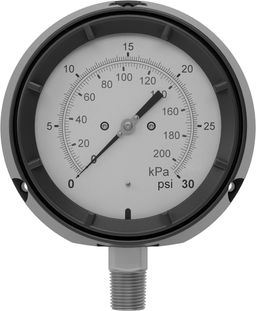 Basınç Test Göstergesi, Titreşime Dayanıklı, Sertifikalı, Çift Ölçek, 1/2 NPT, 0-30 PSI