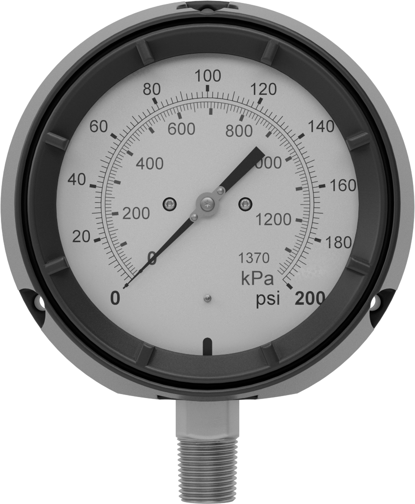 Basınç Test Göstergesi, Titreşime Dayanıklı, Sertifikalı, Çift Ölçek, 1/2 NPT, 0-200 PSI