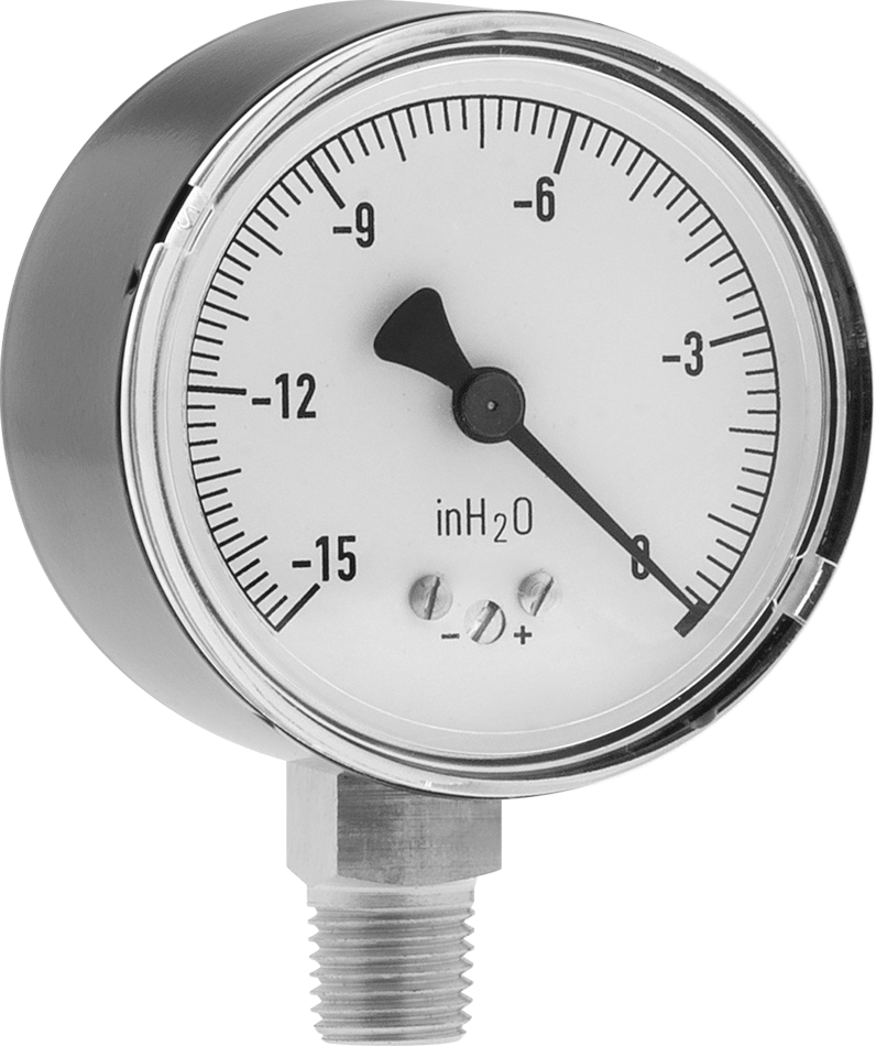 1/4 NPT Erkek Alt Bağlantılı Ultra Düşük Vakum Göstergesi, 2-1/2" Kadran, Boyalı Çelik Kasa, -15 ila 0 inç H2O
