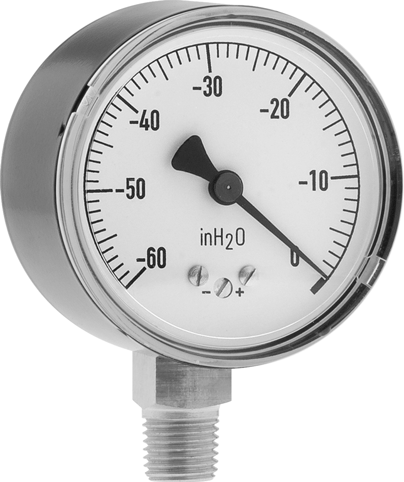 1/4 NPT Erkek Alt Bağlantılı Ultra Düşük Vakum Göstergesi, 2-1/2" Kadran, Boyalı Çelik Kasa, -60 ila 0 inç H2O
