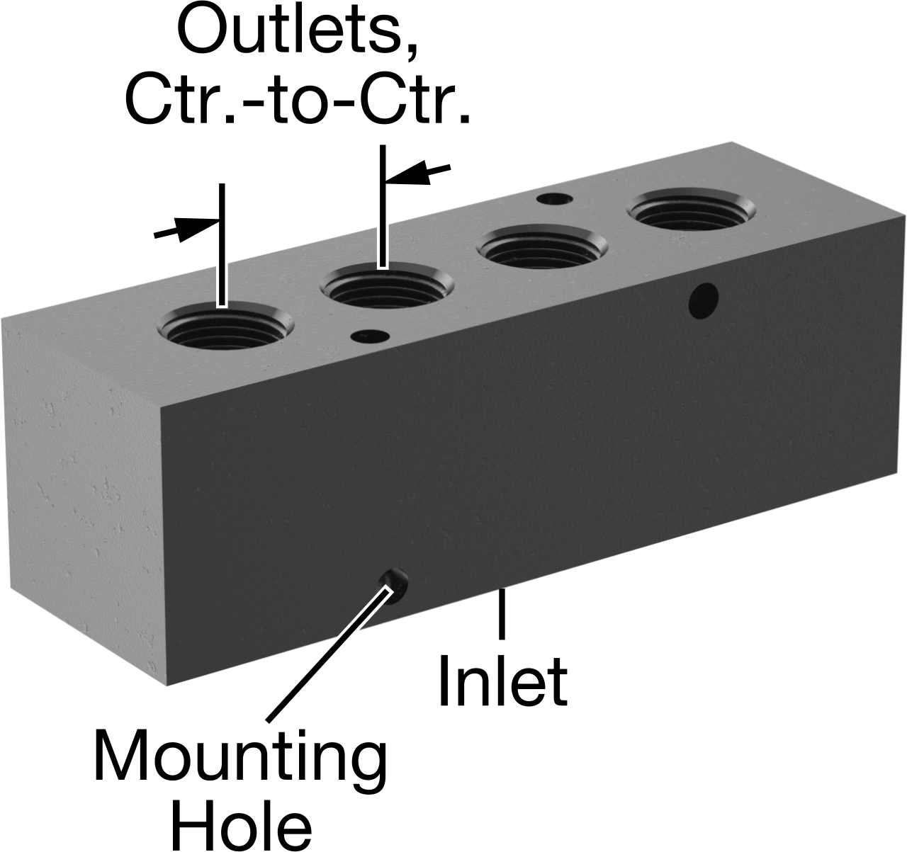 Düz Akışlı Dikdörtgen Manifold, Alüminyum, Standart, 4 Çıkış, 1/2 BSPP x 3/8 BSPP