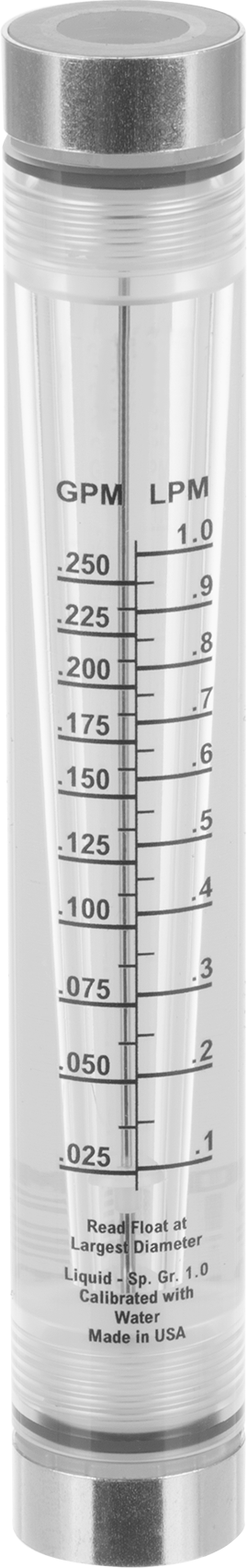 Akış Ölçer, Silindir, Polipropilen Bağlantı Parçası, 3/8 NPT, 0.025-0.25 gpm