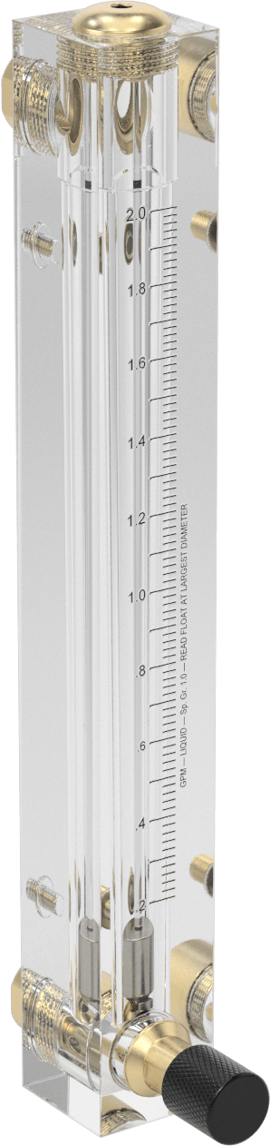 Panele Monte Akış Ölçer, Pirinç Bağlantı Parçaları, Kontrol Düğmesi, 1/2 NPT Dişi, 0.2-2 gpm