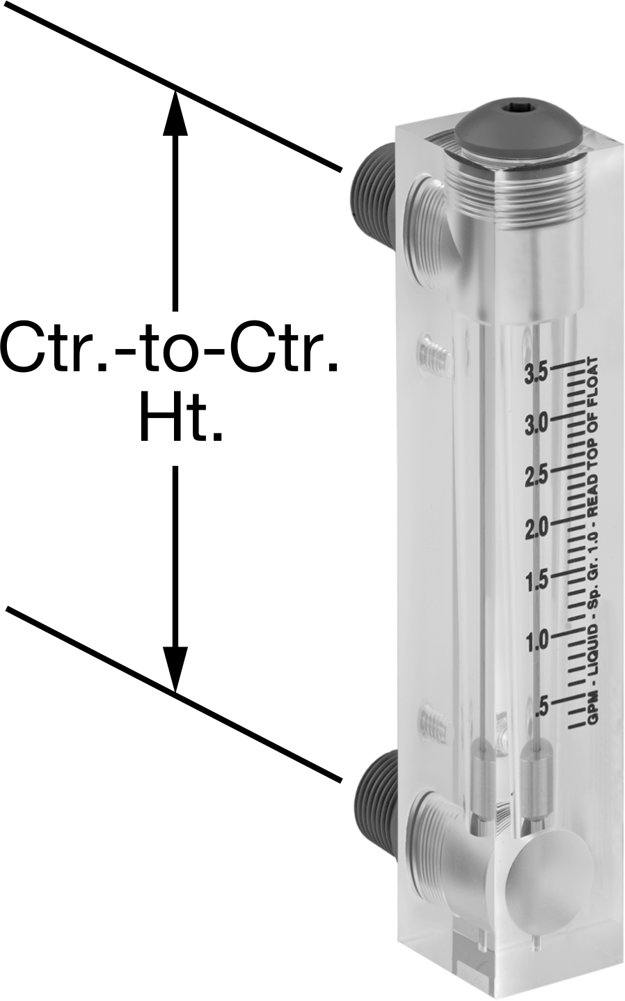 Panele Monte Akış Ölçer, PVC Bağlantı Parçası, 1/4 NPT Dişi x 1/2 NPT Erkek, 0.3-3.5 gpm