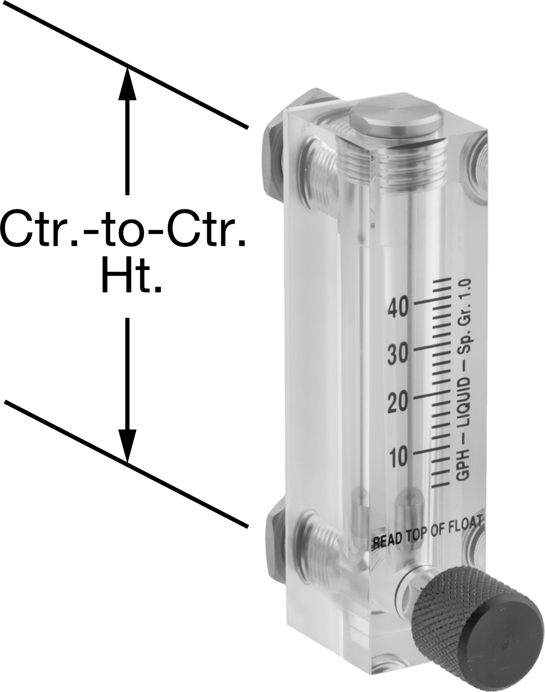 Panele Monte Akış Ölçer, Kontrol Düğmeli, Pirinç Bağlantı Parçaları, 1/4 NPT Dişi, 4-44 gph