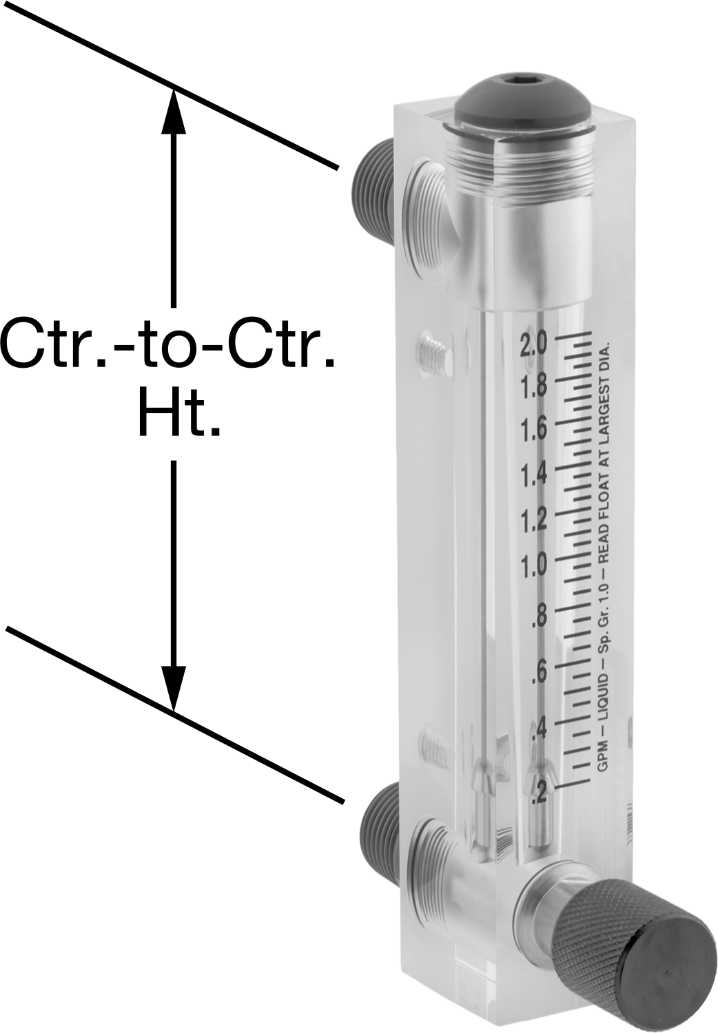 Panele Monte Akış Ölçer, Kontrol Düğmeli, PVC Bağlantı Parçaları, 5" Merkezden Merkeze, 0.2-2 gpm