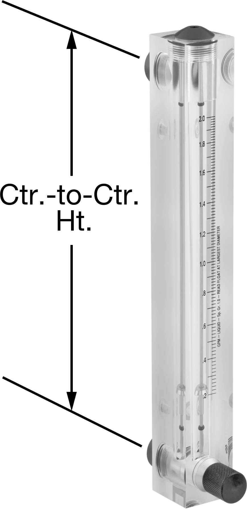 Panele Monte Akış Ölçer, Kontrol Düğmeli, PVC Bağlantı Parçaları, 1/2 NPT Dişi, 0.2 ila 2 gpm