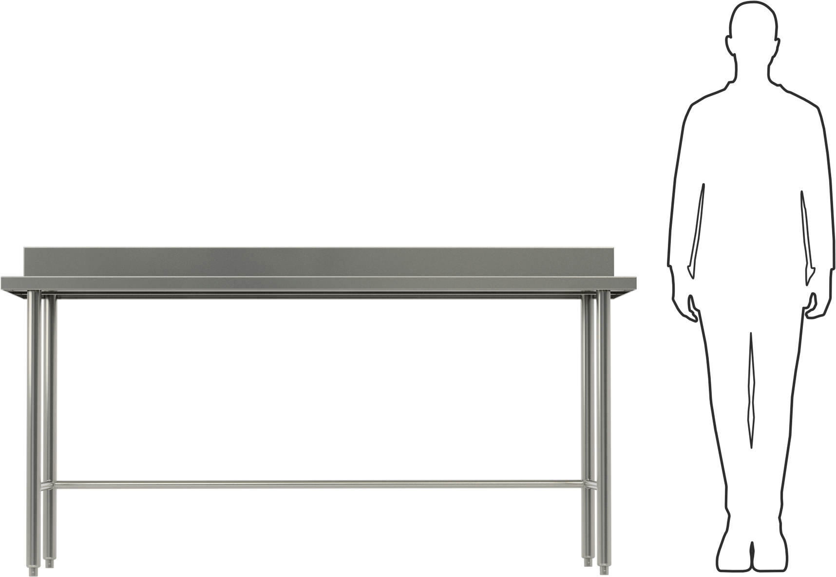 Paslanmaz Çelik Masa, Sabit, 34“ Yükseklik x 72” Genişlik x 30" Derinlik, 5" Yükseklikte Geri Dönüş Engeli ile