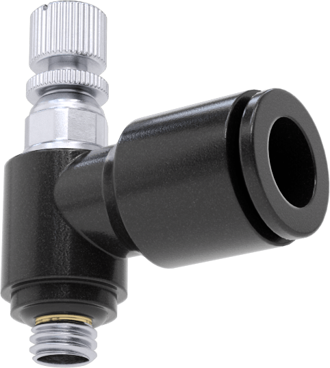 Dirsek Hava Akış Kontrol Vanası, Naylon, 10-32 UNF Giriş x 1/4" Push-Connect Çıkış