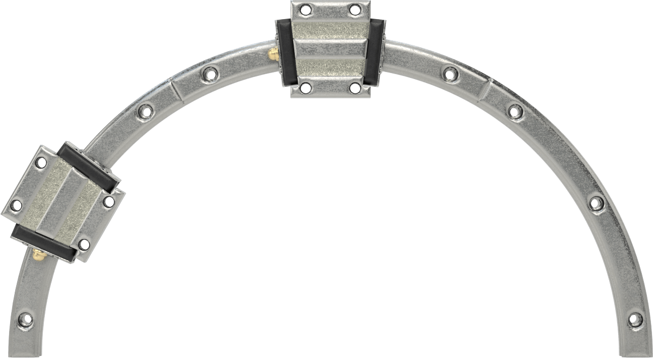 Eğriler için Bilyalı Rulmanlı Taşıyıcı ve Kılavuz Ray, 150 mm Ray Kıvrım Yarıçapına Sahip Yarım Yuvarlak Ray, 470 mm Uzunluk
