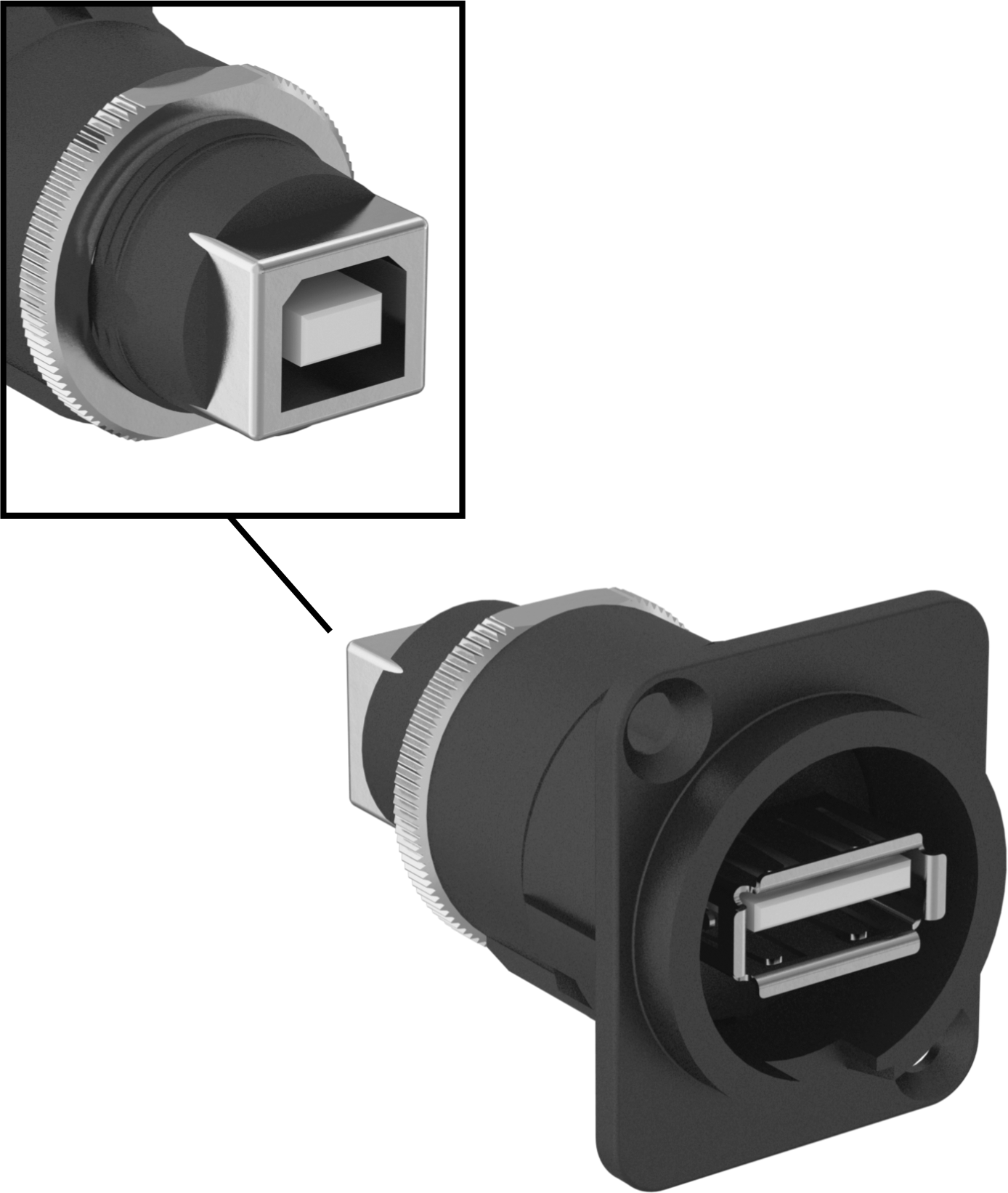Panele Monte USB Adaptörü, 2.0 USB, A Dişi x B Dişi, Siyah Krom Kaplamalı Plastik