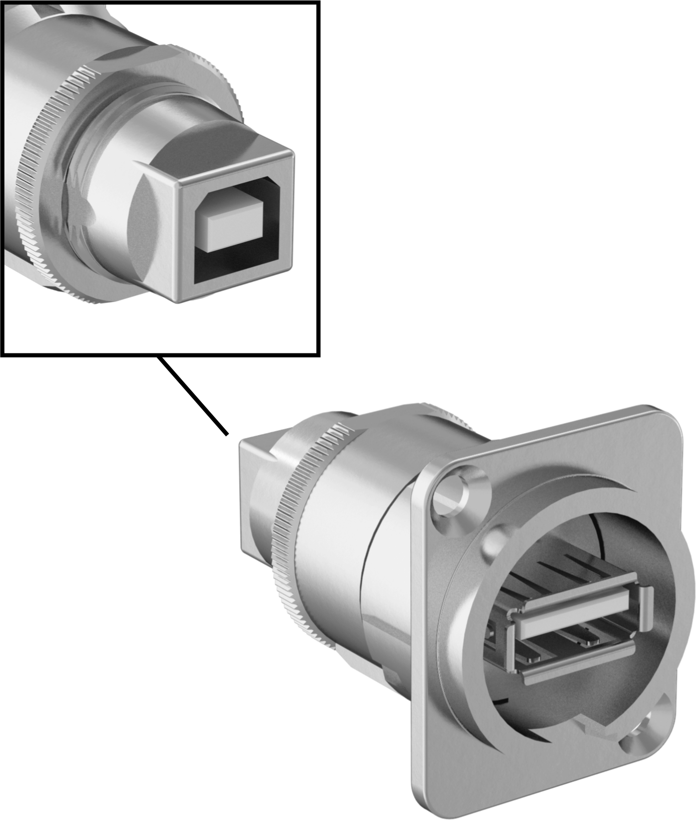 Panele Monte USB Adaptörü, 2.0 USB, A Dişi x B Dişi, Nikel Kaplı Plastik