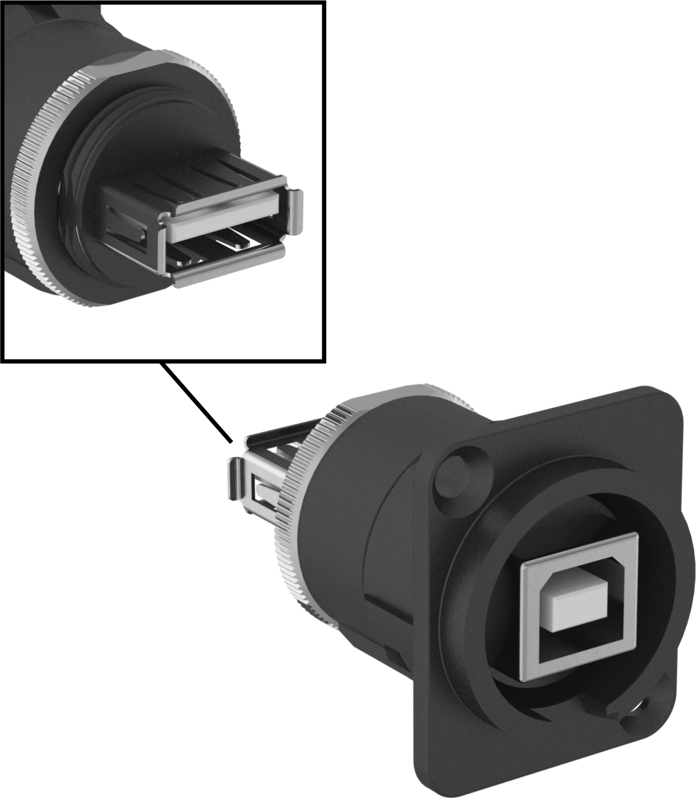 Panele Monte USB Adaptörü, 2.0 USB, B Dişi x A Dişi, Siyah Krom Kaplamalı Plastik