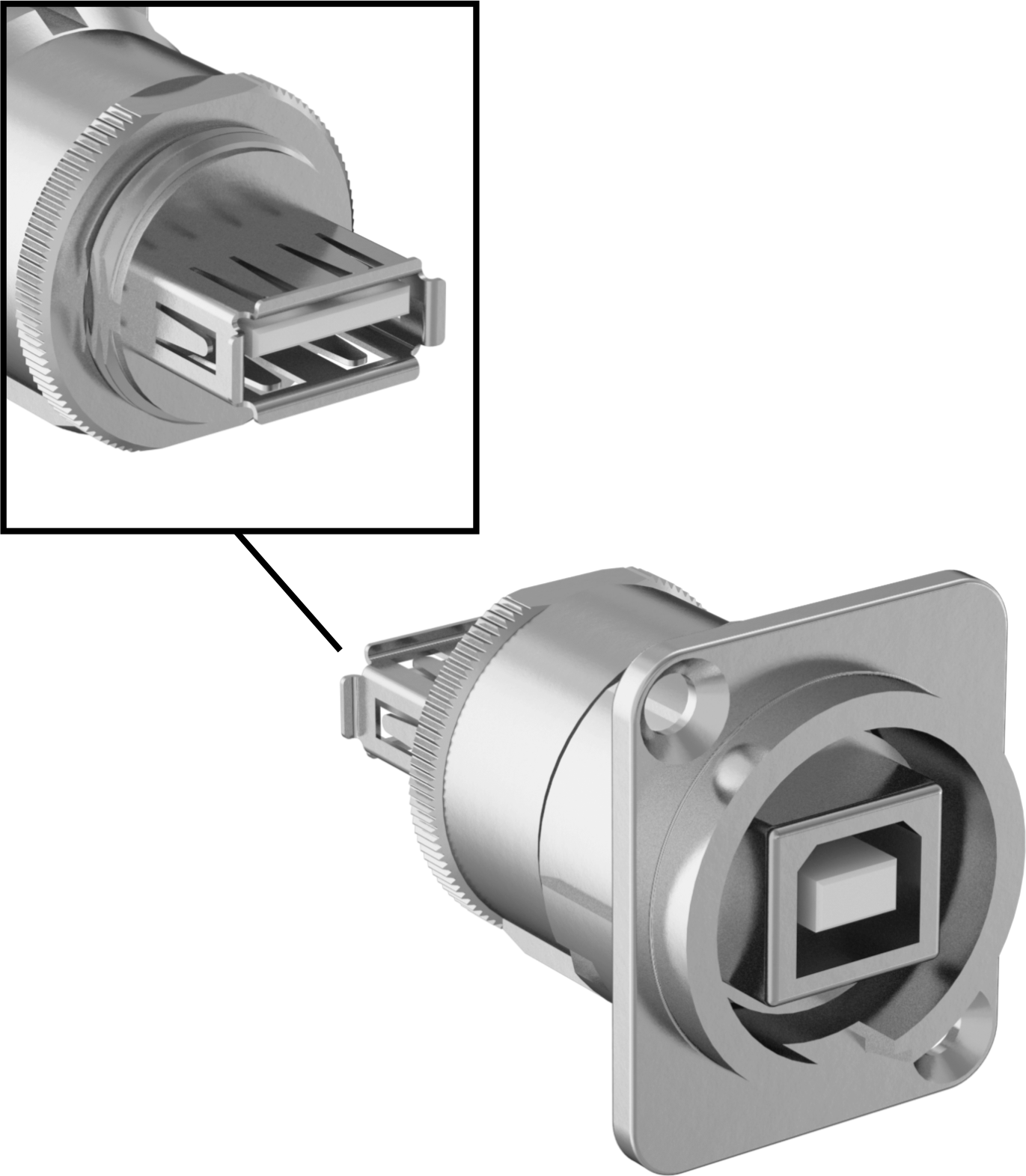 Panele Monte USB Adaptörü, USB 2.0, B Dişi x A Dişi, Nikel Kaplı Plastik
