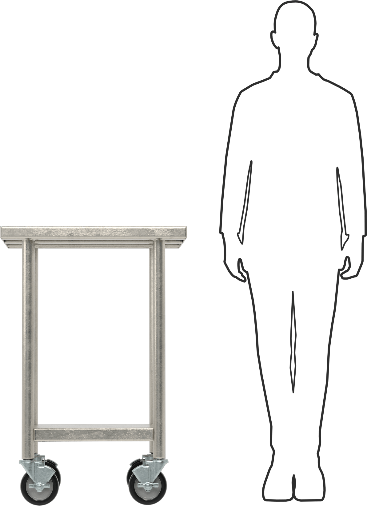 Raflı Paslanmaz Çelik Masa, Mobil, 36“ Yükseklik x 24” Genişlik x 24" Derinlik
