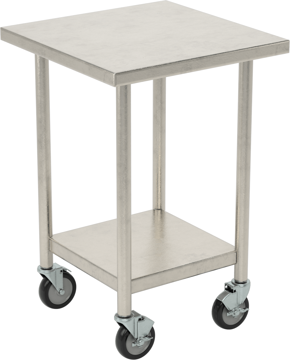 Raflı Paslanmaz Çelik Masa, Mobil, 36“ Yükseklik x 24” Genişlik x 24" Derinlik