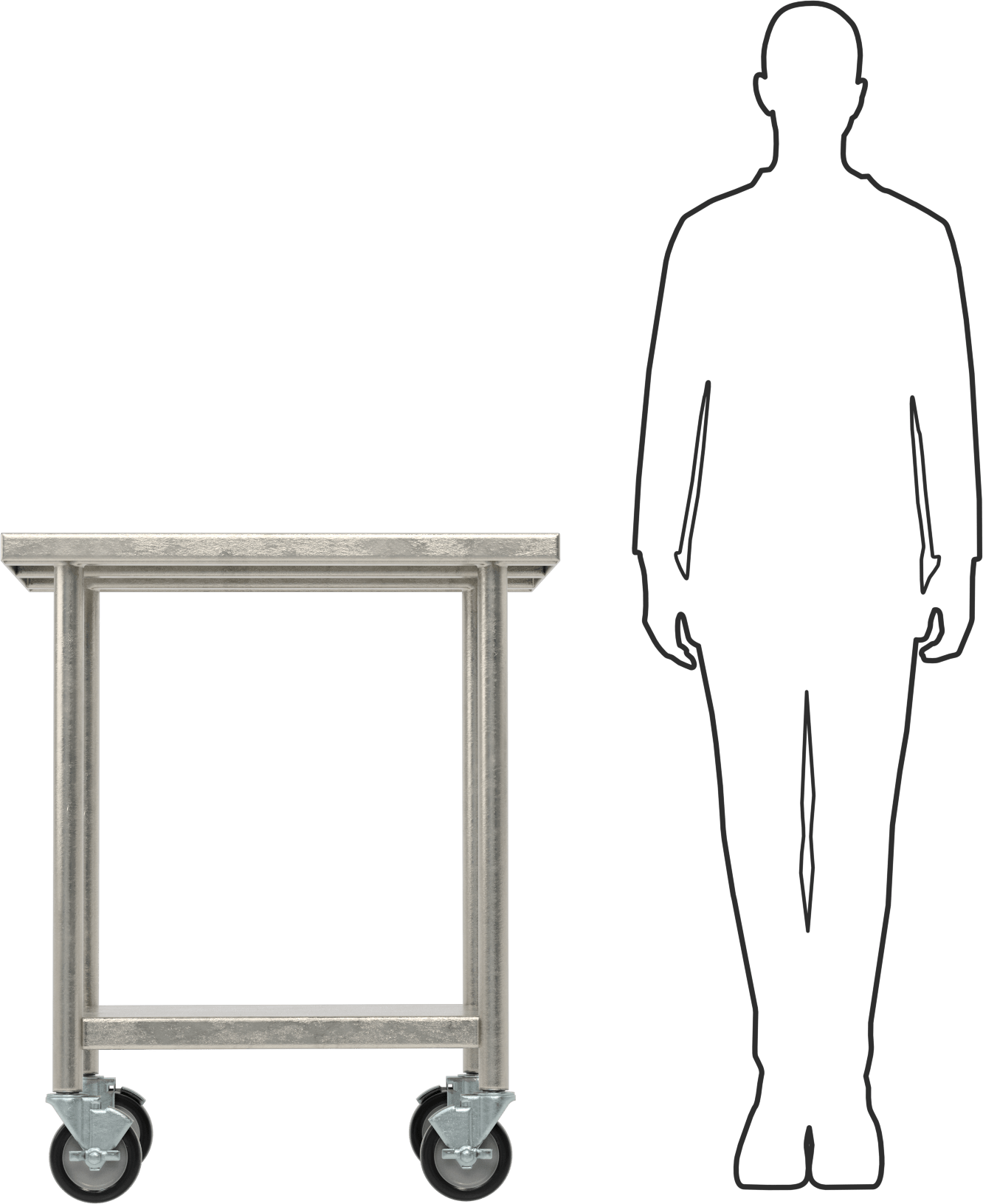 Raflı Paslanmaz Çelik Masa, Mobil, 36“ Yükseklik x 30” Genişlik x 30" Derinlik