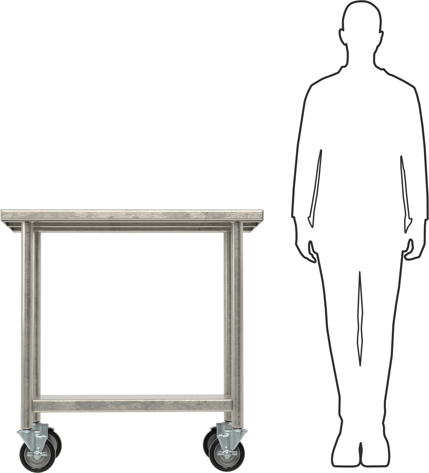 Raflı Paslanmaz Çelik Masa, Mobil, 36“ Yükseklik x 36” Genişlik x 30" Derinlik
