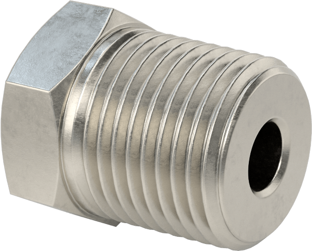 Erkek-Dişi Altıgen Dişli Adaptör, Delikli, 316 Paslanmaz Çelik, 1/2 NPT Erkek, 3/8"-16 Dişli Dişi
