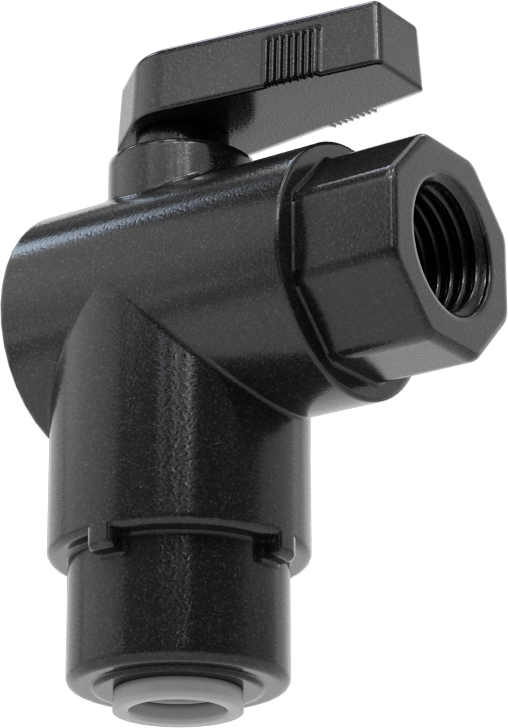 Kimyasallar için Açma/Kapama Vanası, PVDF, 90 Derece Adaptör, 3/8" Bağlantı x 1/4 NPT Dişi