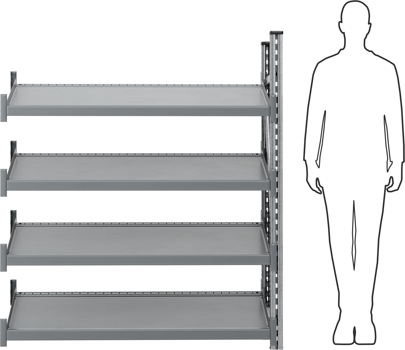 Ağır Hizmet Tipi Yerçekimi Akışlı Raf, 4 Raflı Ek Ünite, 60“ Yükseklik x 24” Derinlik
