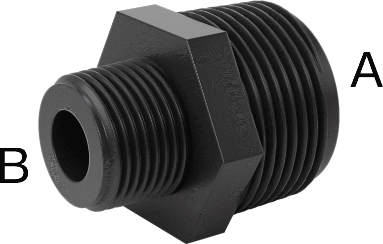 Kimyasallar için UV Dayanıklı Polipropilen Boru Bağlantı Parçası, Düz Redüktör, 3/4 NPT Erkek x 3/8 NPT Erkek