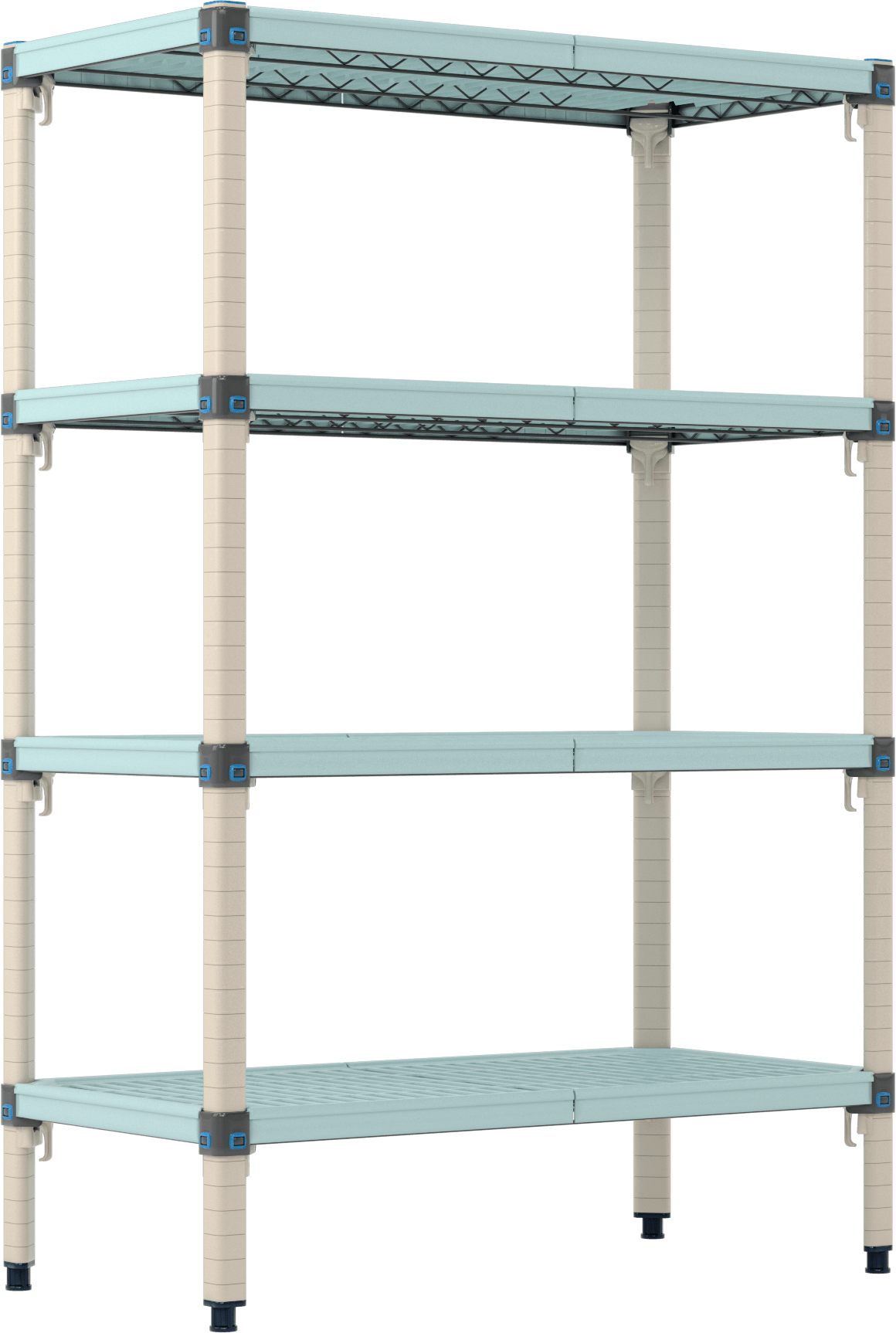 Havalandırmalı Ağır Hizmet Tipi Plastik Raf, 4 Raf ile, Sabit, 36“ Genişlik x 54” Yükseklik x 18" Derinlik