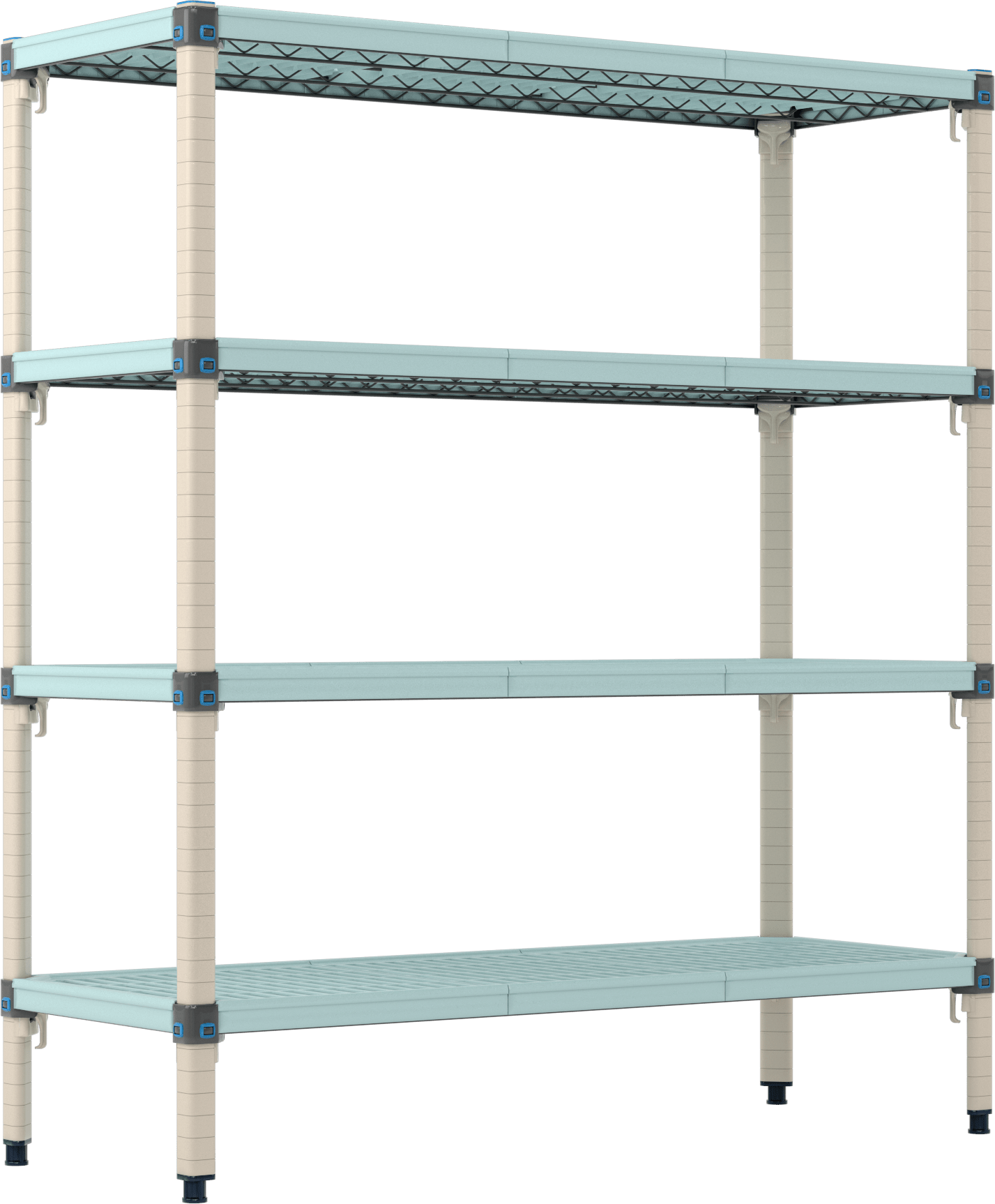 Havalandırmalı Ağır Hizmet Tipi Plastik Raf, 4 Raf ile, Sabit, 48“ Genişlik x 54” Yükseklik x 18" Derinlik