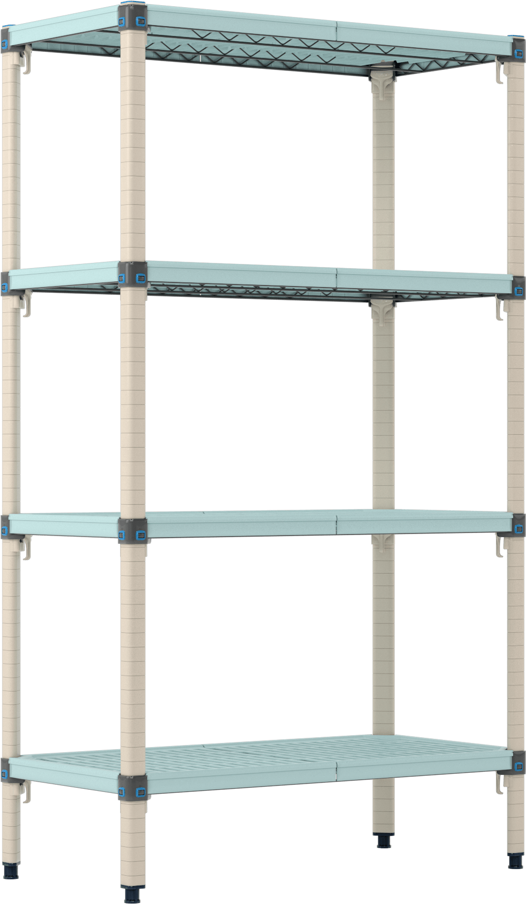 Havalandırmalı Ağır Hizmet Tipi Plastik Raf, 4 Raf ile, Sabit, 36“ Genişlik x 63” Yükseklik x 18" Derinlik