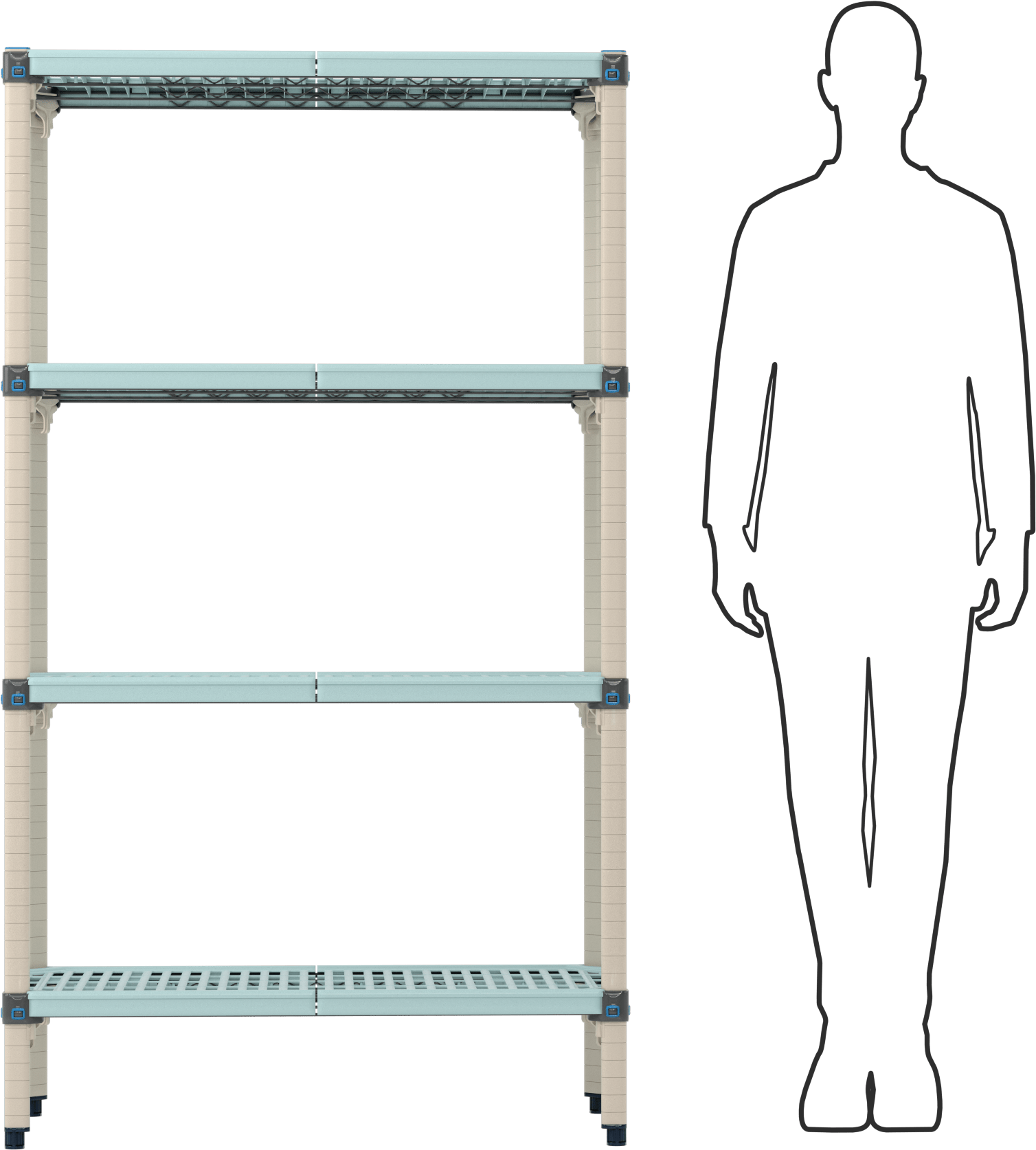 Havalandırmalı Ağır Hizmet Tipi Plastik Raf, 4 Raf ile, Sabit, 36“ Genişlik x 63” Yükseklik x 18" Derinlik
